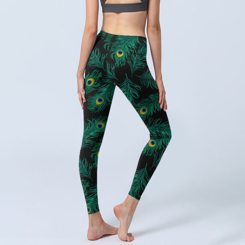 Nimara Ritual Retro Peacock Feather Pattern Print Gym Leggings Women's Yoga Pants