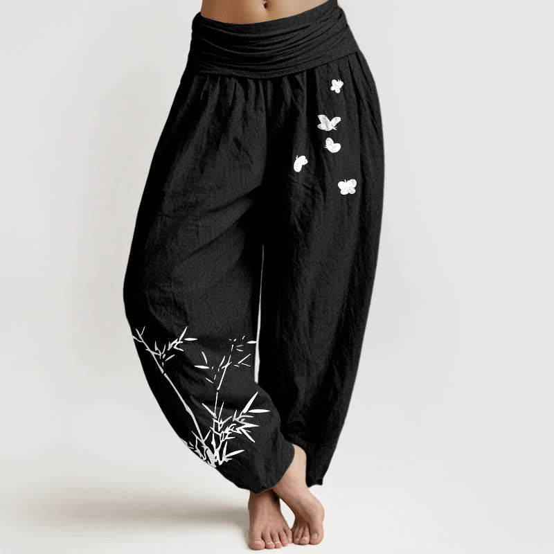 Nimara Ritual Pure Cotton Concise Bamboo Butterfly Pattern Women's Elastic Waist Harem Pants
