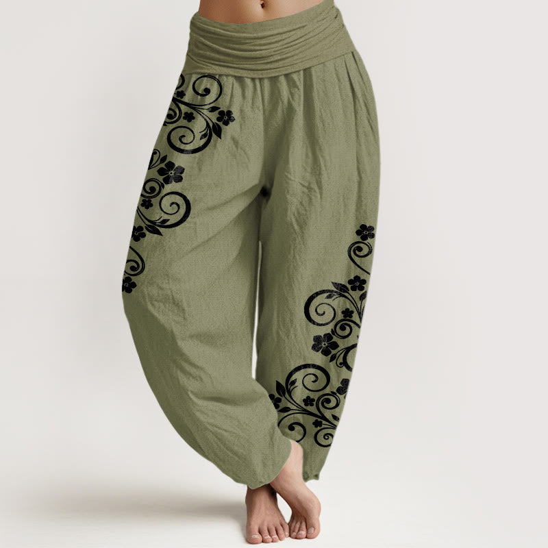 Nimara Ritual Pure Cotton Elegant Vine Flower Pattern Women's Elastic Waist Harem Pants