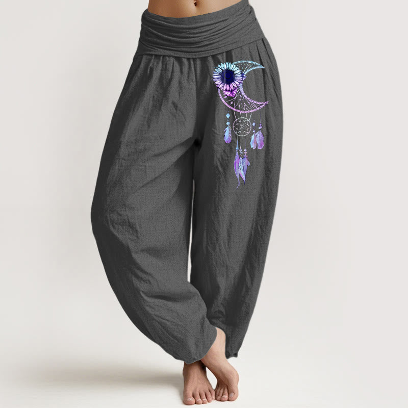 Nimara Ritual Pure Cotton Elegant Moon Flower Feather Pattern Women's Elastic Waist Harem Pants