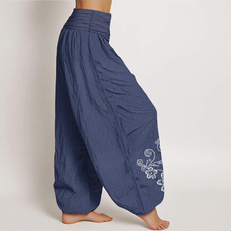 Nimara Ritual Pure Cotton Composed Of Dots Vine Flower Pattern Women's Elastic Waist Harem Pants