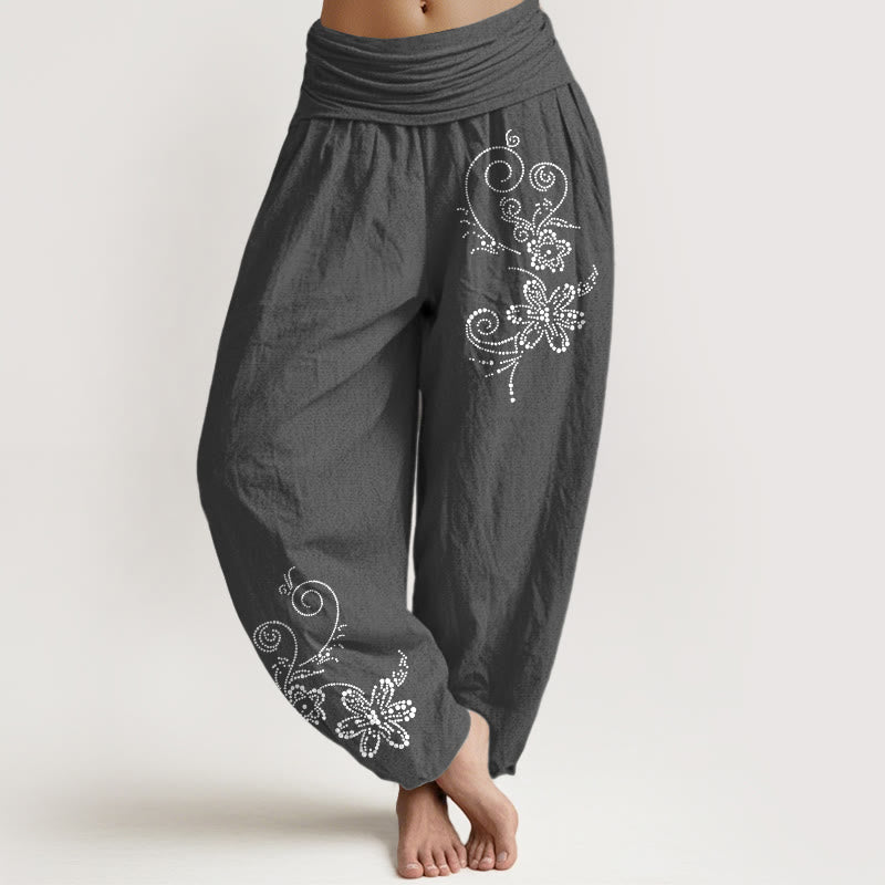 Nimara Ritual Pure Cotton Composed Of Dots Vine Flower Pattern Women's Elastic Waist Harem Pants
