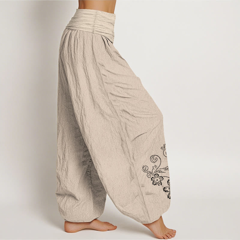 Nimara Ritual Pure Cotton Composed Of Dots Vine Flower Pattern Women's Elastic Waist Harem Pants