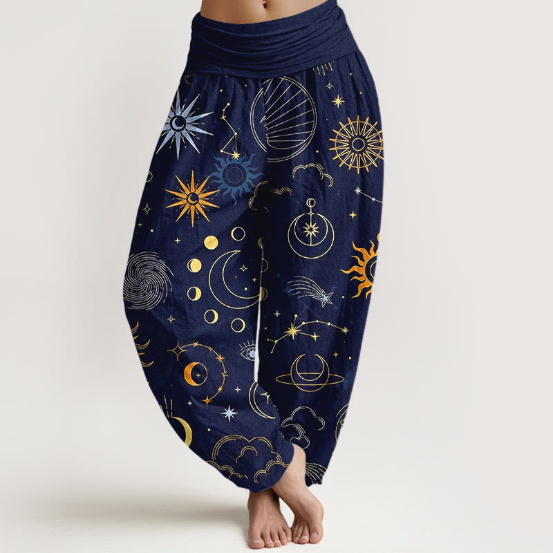 Nimara Ritual Cotton Moon Sun Cloud Star Constellation Pattern Women's Elastic Waist Harem Pants