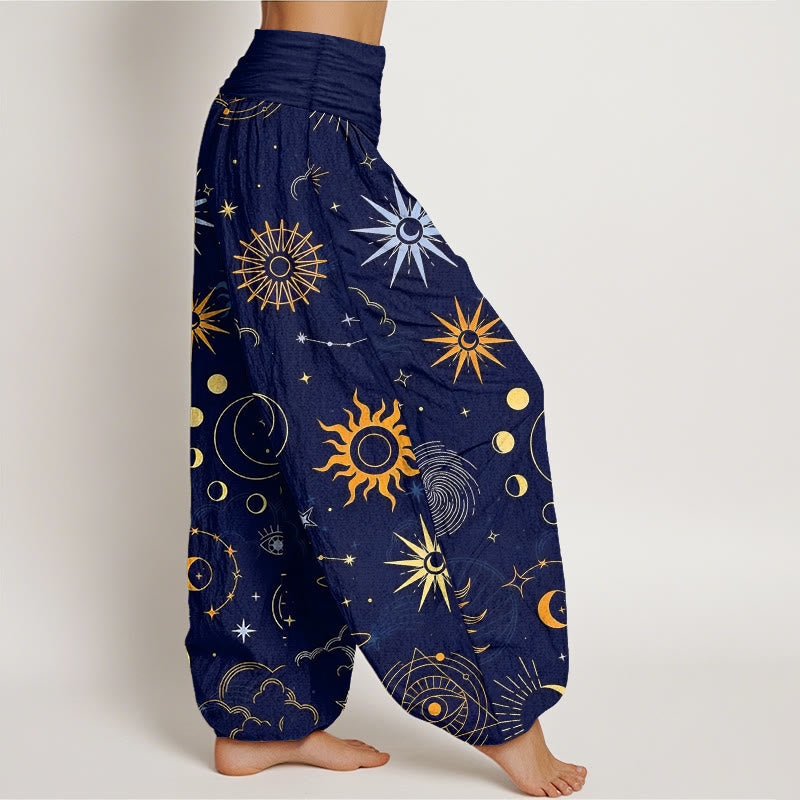 Nimara Ritual Cotton Moon Sun Cloud Star Constellation Pattern Women's Elastic Waist Harem Pants