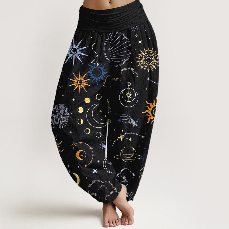 Nimara Ritual Cotton Moon Sun Cloud Star Constellation Pattern Women's Elastic Waist Harem Pants