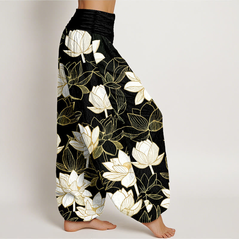 Nimara Ritual Cotton Elegant Refined Lotus Flower Pattern Women's Elastic Waist Harem Pants