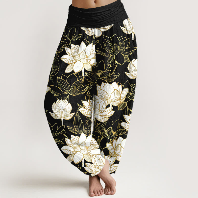 Nimara Ritual Cotton Elegant Refined Lotus Flower Pattern Women's Elastic Waist Harem Pants