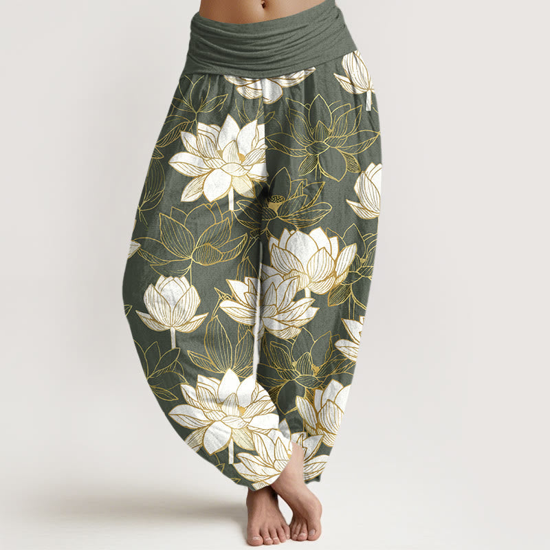 Nimara Ritual Cotton Elegant Refined Lotus Flower Pattern Women's Elastic Waist Harem Pants