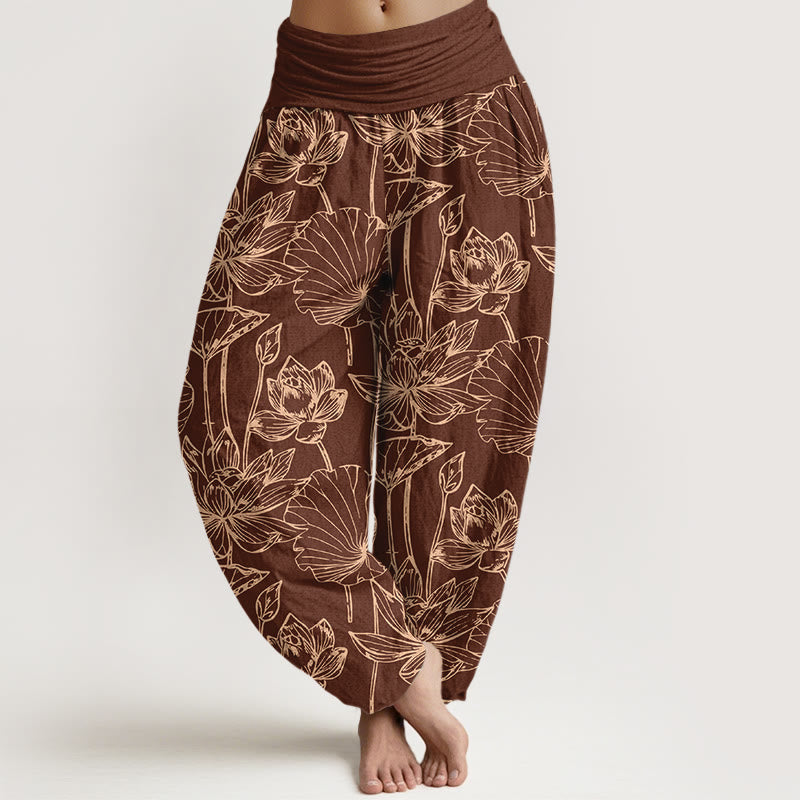 Nimara Ritual Cotton Elegant Refined Lotus Flower Leaf Pattern Women's Elastic Waist Harem Pants