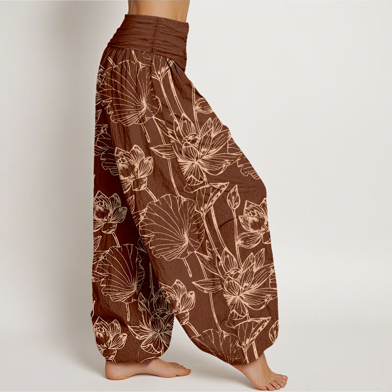 Nimara Ritual Cotton Elegant Refined Lotus Flower Leaf Pattern Women's Elastic Waist Harem Pants