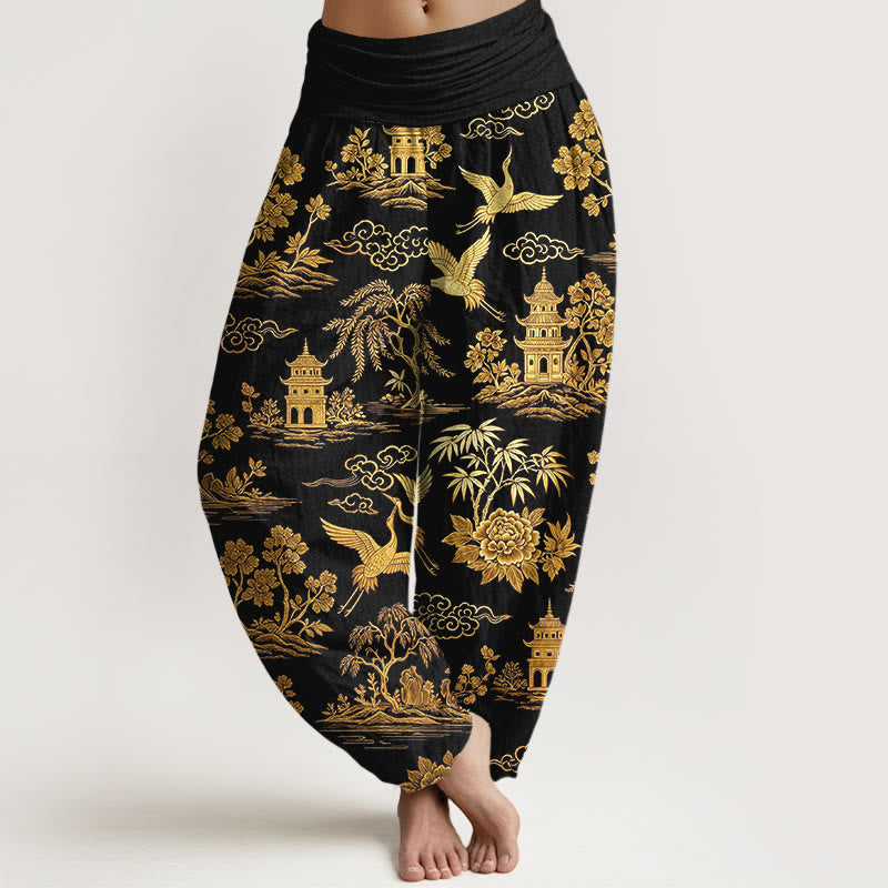 Nimara Ritual Cotton Gorgeous Tree Crane Architecture Cloud Peony Pattern Women's Elastic Waist Harem Pants
