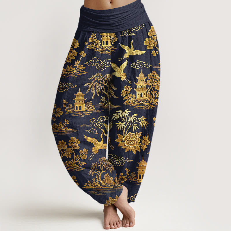Nimara Ritual Cotton Gorgeous Tree Crane Architecture Cloud Peony Pattern Women's Elastic Waist Harem Pants