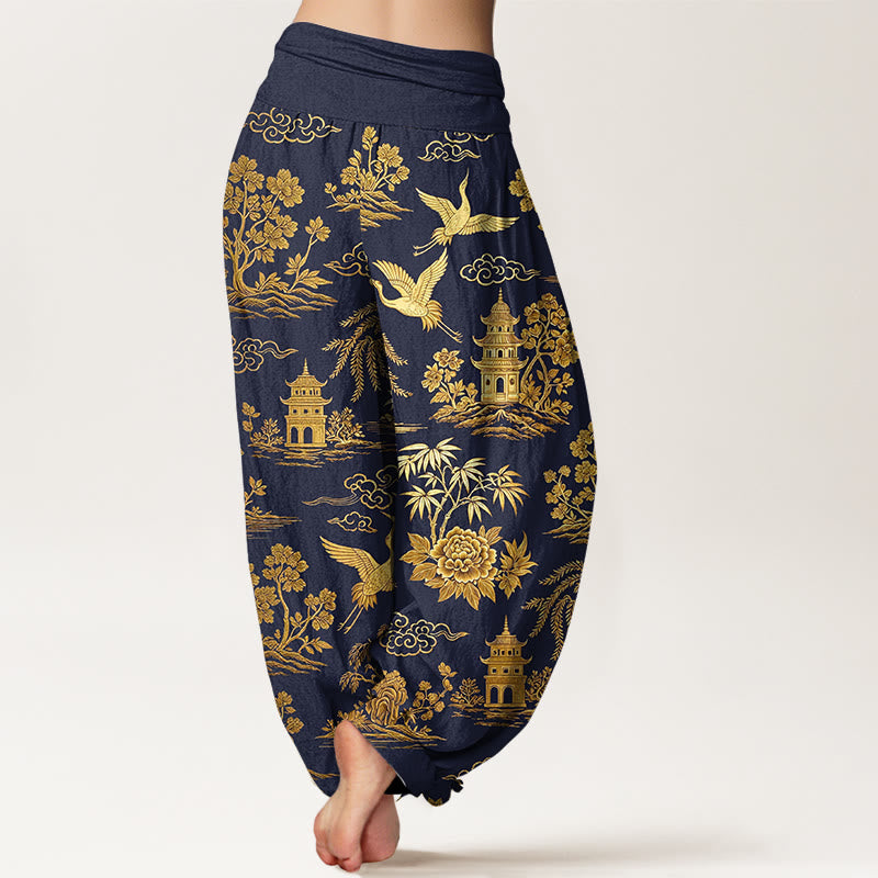 Nimara Ritual Cotton Gorgeous Tree Crane Architecture Cloud Peony Pattern Women's Elastic Waist Harem Pants
