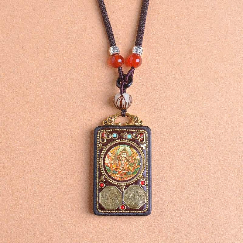 Nimara Ritual Thangka Yin Yang Copper Coins Ebony Wood Zakiram Balance Pendant Necklace