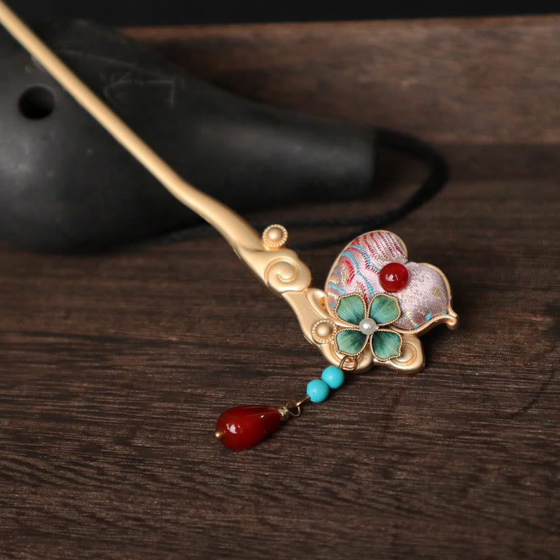 Nimara Ritual Gourd Flower Pattern Red Agate Copper Calm Hairpin