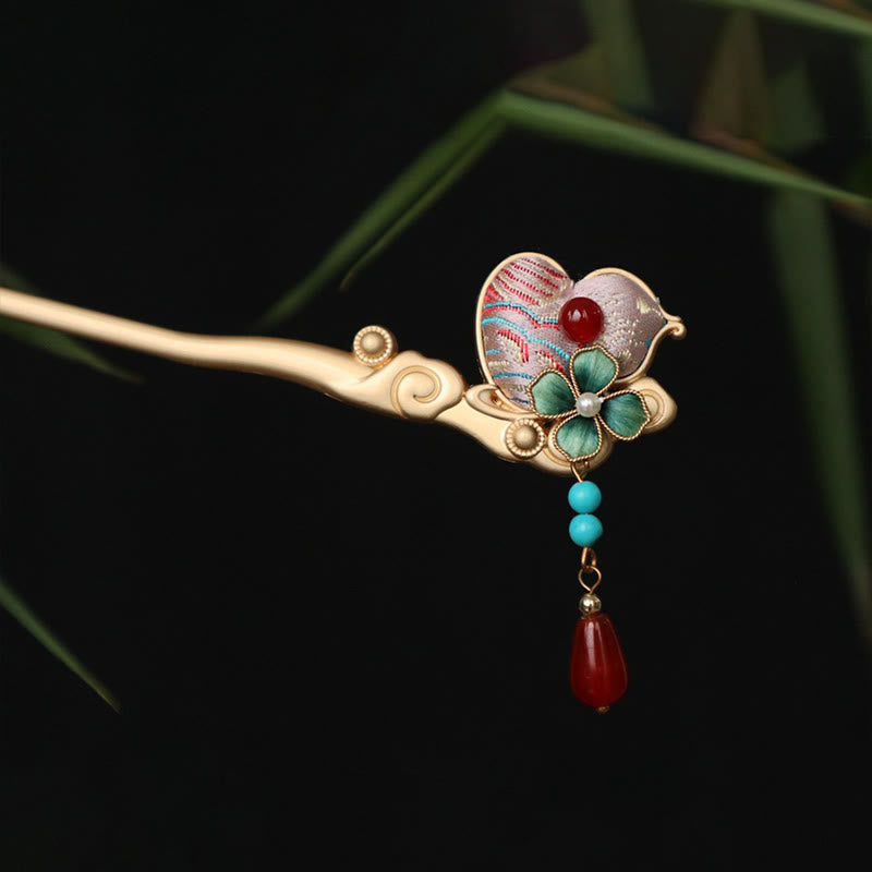 Nimara Ritual Gourd Flower Pattern Red Agate Copper Calm Hairpin