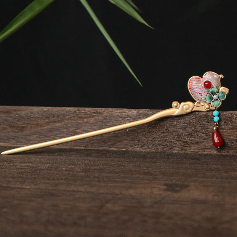 Nimara Ritual Gourd Flower Pattern Red Agate Copper Calm Hairpin