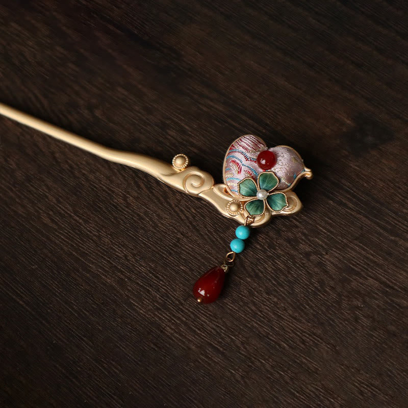 Nimara Ritual Gourd Flower Pattern Red Agate Copper Calm Hairpin