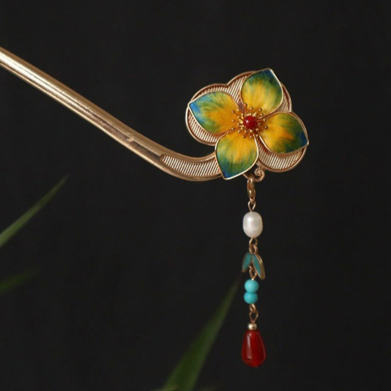 Nimara Ritual Red Agate Turquoise Bead Calm Confidence Velvet Flower Tassel Hairpin