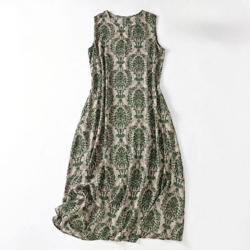 Nimara Ritual Commute Summer Printing Simple Design Crew Neck Sleeveless Midi Dress With Pockets
