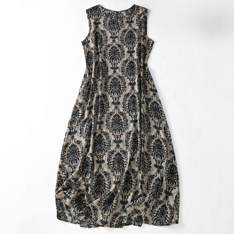 Nimara Ritual Commute Summer Printing Simple Design Crew Neck Sleeveless Midi Dress With Pockets
