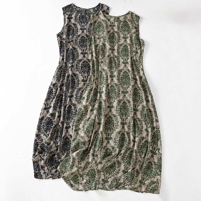 Nimara Ritual Commute Summer Printing Simple Design Crew Neck Sleeveless Midi Dress With Pockets
