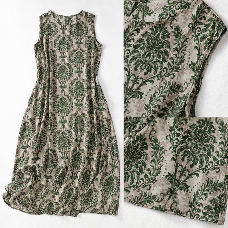 Nimara Ritual Commute Summer Printing Simple Design Crew Neck Sleeveless Midi Dress With Pockets