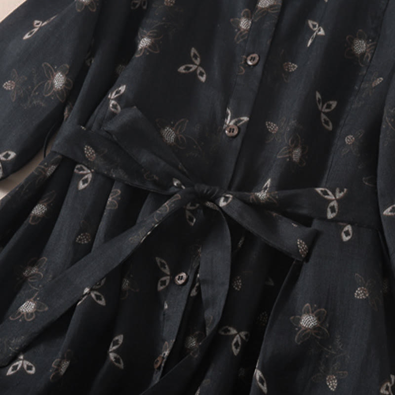 Nimara Ritual Summer Printing Floral Button Lace-Up Design Half Sleeve Midi Dress With Pockets