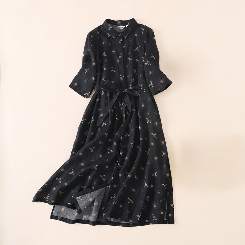 Nimara Ritual Summer Printing Floral Button Lace-Up Design Half Sleeve Midi Dress With Pockets