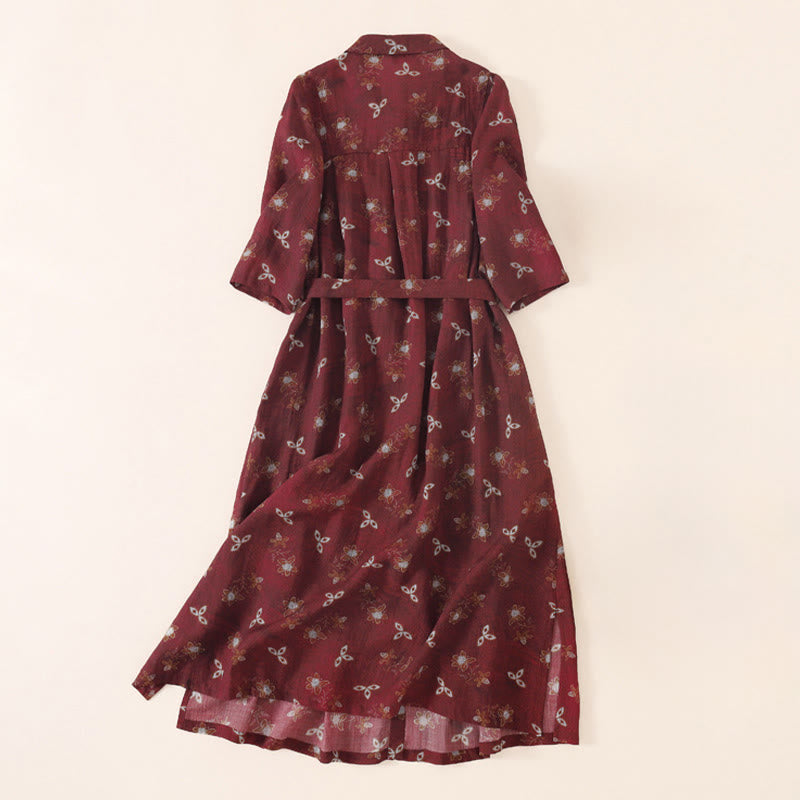 Nimara Ritual Summer Printing Floral Button Lace-Up Design Half Sleeve Midi Dress With Pockets