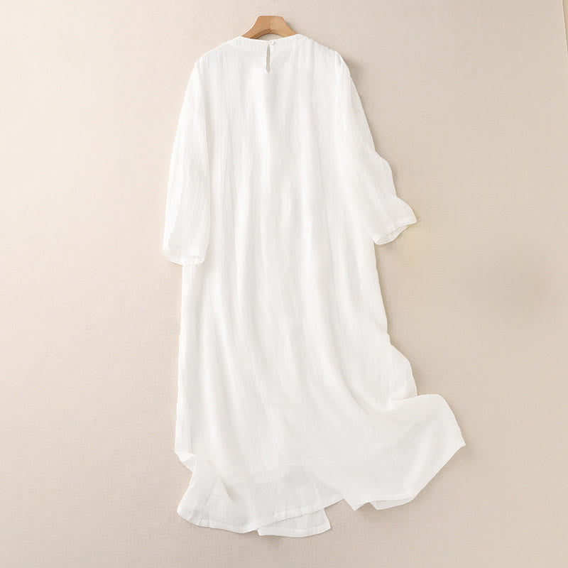 Nimara Ritual Commute Solid Color Embroidery Double Layer Crew Neck Long Sleeve Cotton Midi Dress