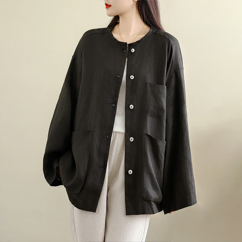 Nimara Ritual Spring Crew Neck Long Sleeve Plain Women's Cotton Buttons Shirt With Pockets