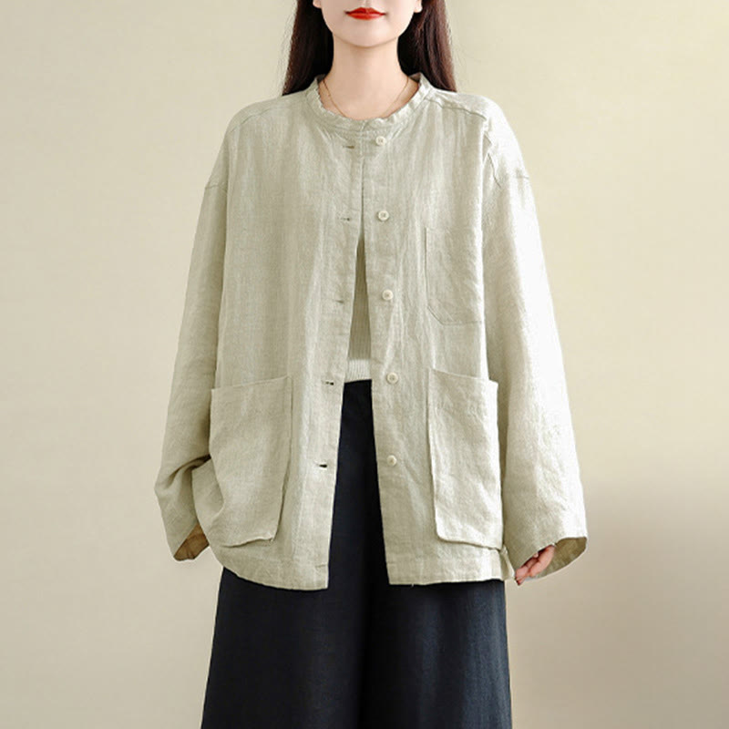 Nimara Ritual Spring Crew Neck Long Sleeve Plain Women's Cotton Buttons Shirt With Pockets