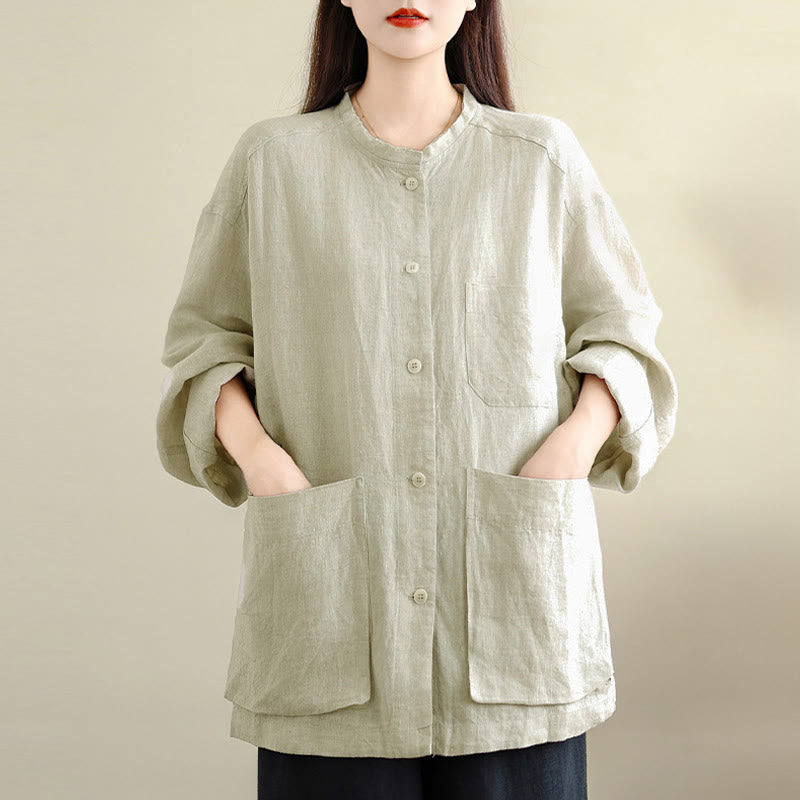 Nimara Ritual Spring Crew Neck Long Sleeve Plain Women's Cotton Buttons Shirt With Pockets