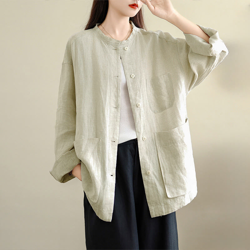 Nimara Ritual Spring Crew Neck Long Sleeve Plain Women's Cotton Buttons Shirt With Pockets