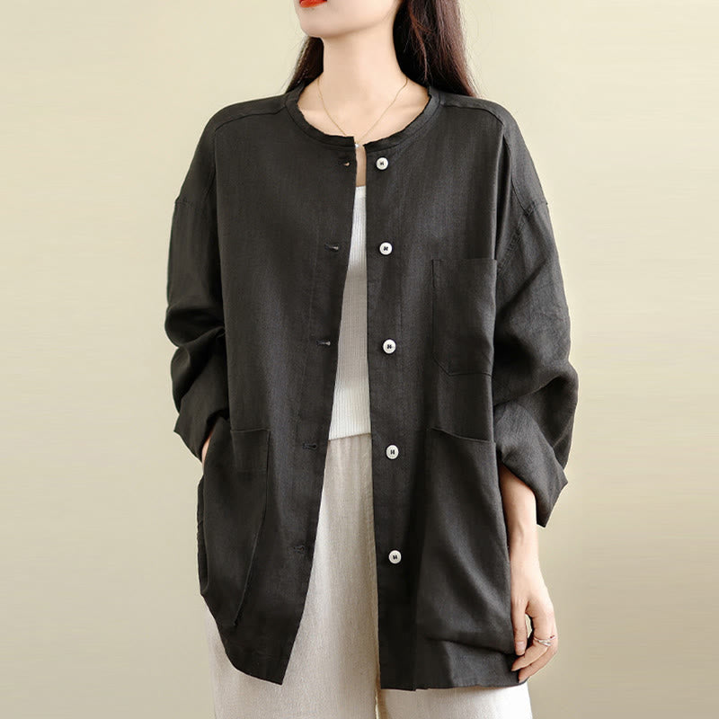 Nimara Ritual Spring Crew Neck Long Sleeve Plain Women's Cotton Buttons Shirt With Pockets
