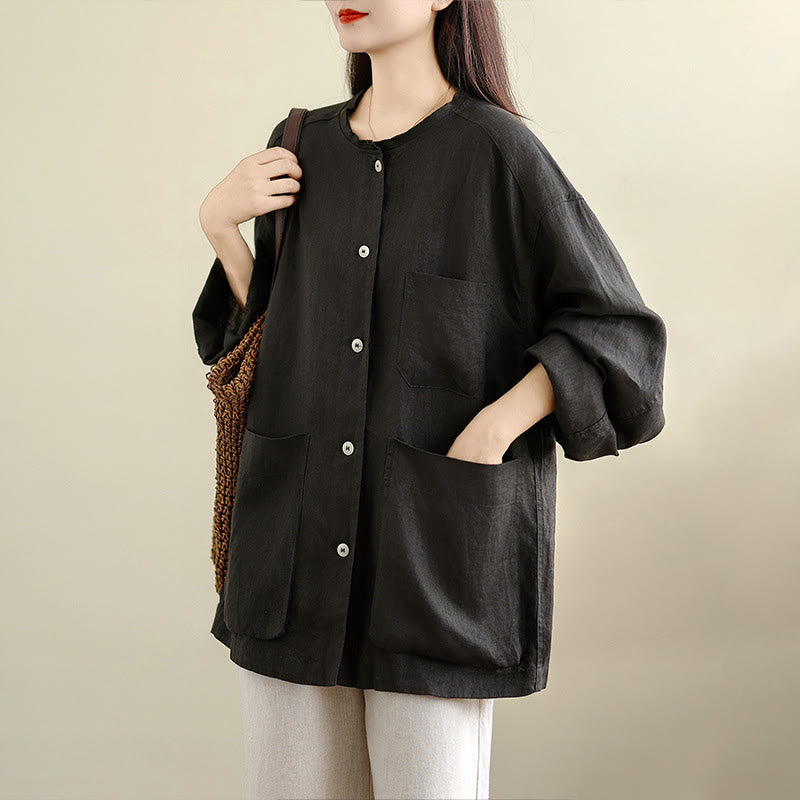Nimara Ritual Spring Crew Neck Long Sleeve Plain Women's Cotton Buttons Shirt With Pockets