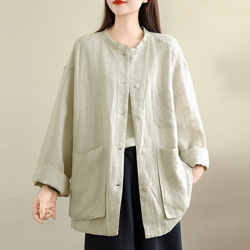 Nimara Ritual Spring Crew Neck Long Sleeve Plain Women's Cotton Buttons Shirt With Pockets
