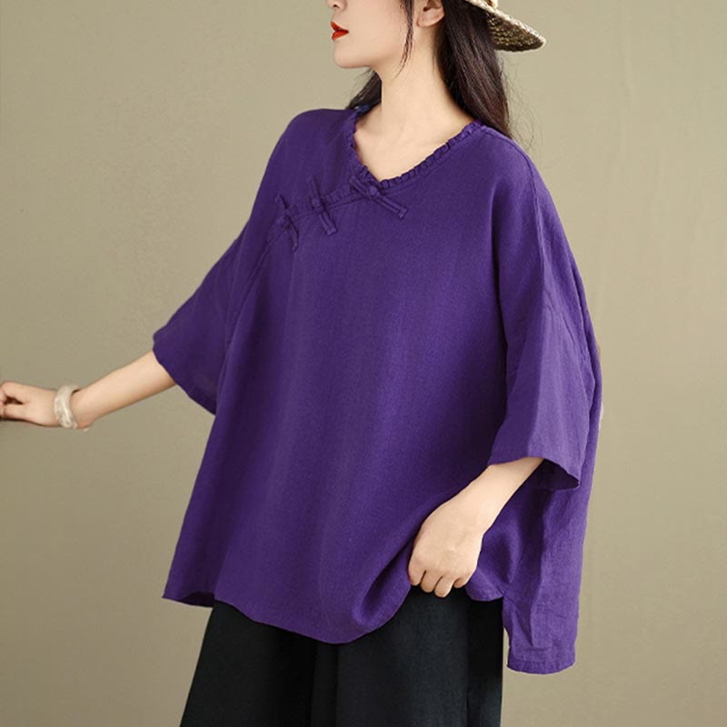 Nimara Ritual Spring V-Neck Frog-Button Long Sleeve Plain Women's Cotton Shirt