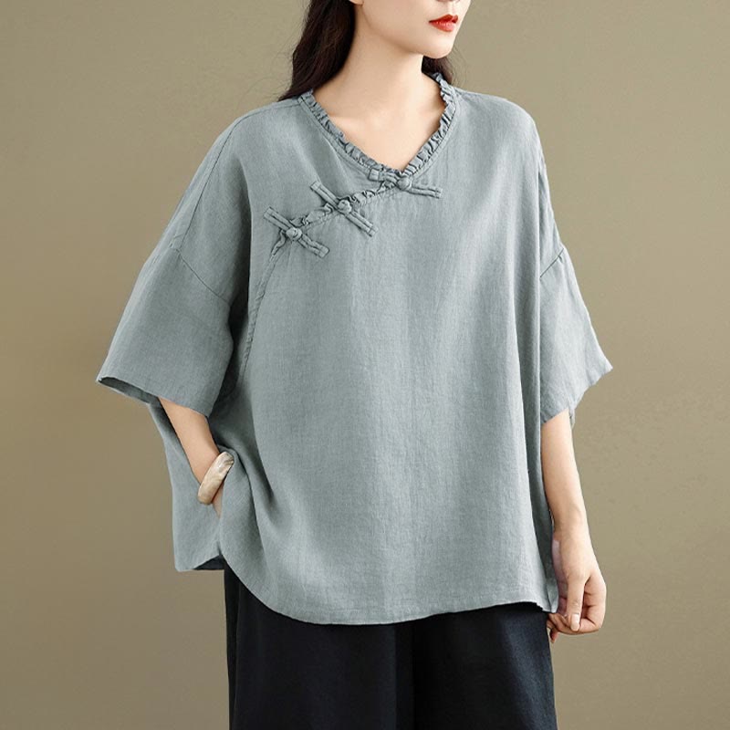 Nimara Ritual Spring V-Neck Frog-Button Long Sleeve Plain Women's Cotton Shirt