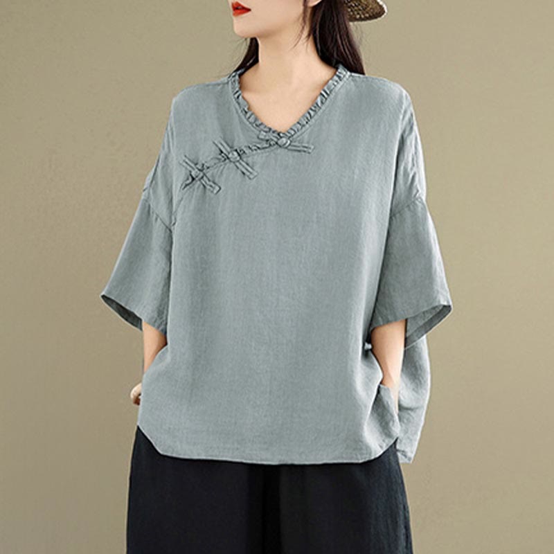 Nimara Ritual Spring V-Neck Frog-Button Long Sleeve Plain Women's Cotton Shirt