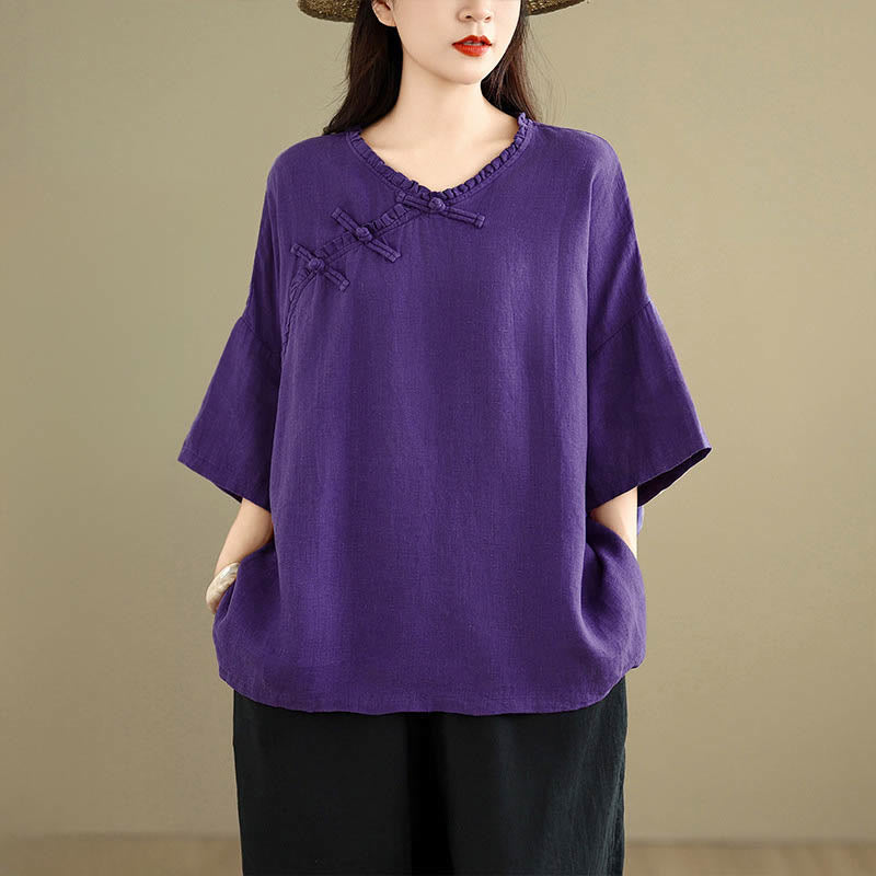 Nimara Ritual Spring V-Neck Frog-Button Long Sleeve Plain Women's Cotton Shirt