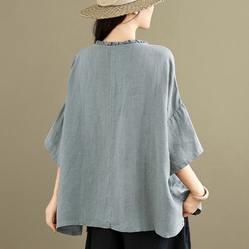 Nimara Ritual Spring V-Neck Frog-Button Long Sleeve Plain Women's Cotton Shirt