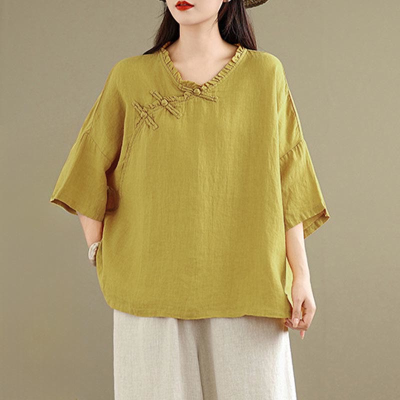 Nimara Ritual Spring V-Neck Frog-Button Long Sleeve Plain Women's Cotton Shirt