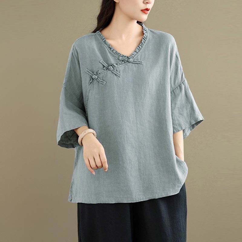 Nimara Ritual Spring V-Neck Frog-Button Long Sleeve Plain Women's Cotton Shirt