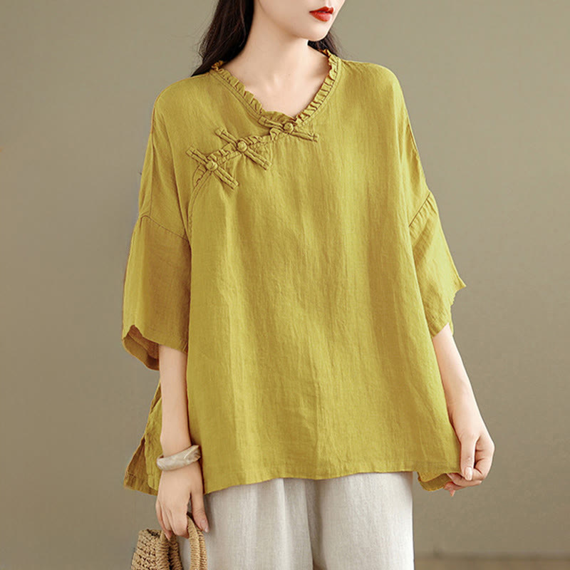 Nimara Ritual Spring V-Neck Frog-Button Long Sleeve Plain Women's Cotton Shirt