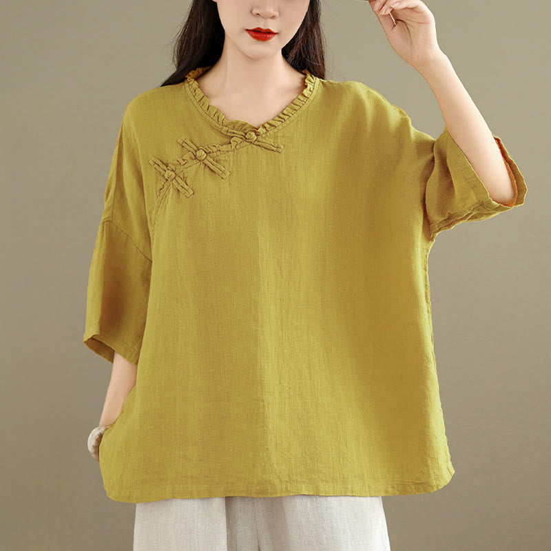 Nimara Ritual Spring V-Neck Frog-Button Long Sleeve Plain Women's Cotton Shirt