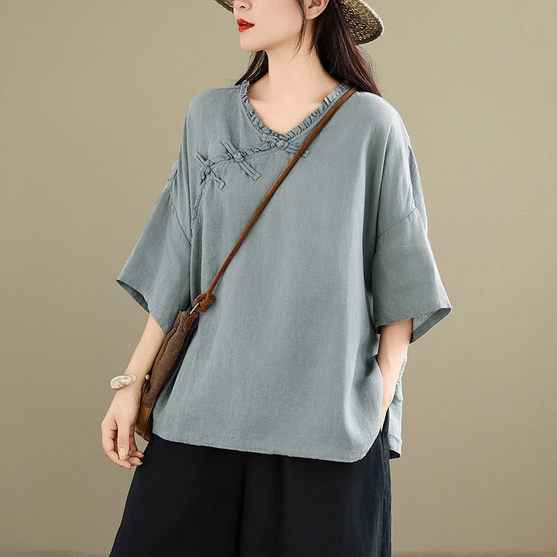 Nimara Ritual Spring V-Neck Frog-Button Long Sleeve Plain Women's Cotton Shirt