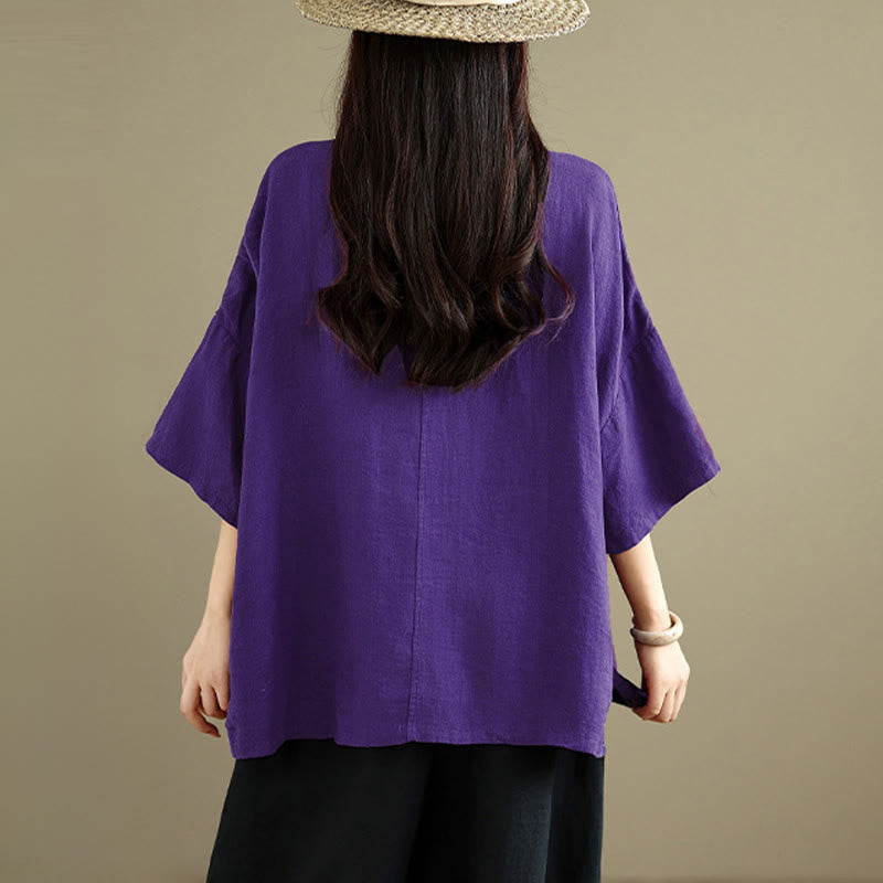 Nimara Ritual Spring V-Neck Frog-Button Long Sleeve Plain Women's Cotton Shirt